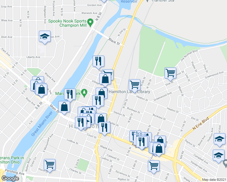map of restaurants, bars, coffee shops, grocery stores, and more near 337 Village Street in Hamilton