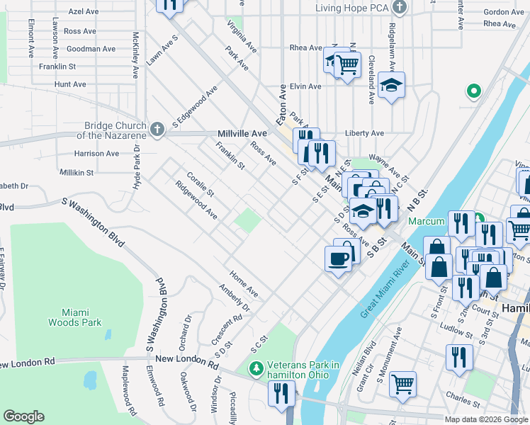 map of restaurants, bars, coffee shops, grocery stores, and more near 523 Puthoff Street in Hamilton