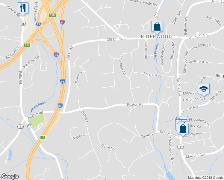 map of restaurants, bars, coffee shops, grocery stores, and more near 7712 Ruxwood Road in Towson