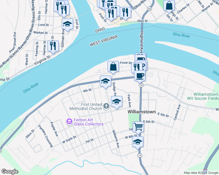 map of restaurants, bars, coffee shops, grocery stores, and more near 207 4th Street in Williamstown