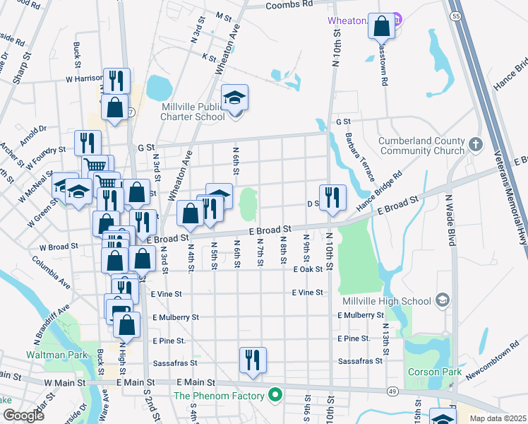 map of restaurants, bars, coffee shops, grocery stores, and more near 609 North 7th Street in Millville