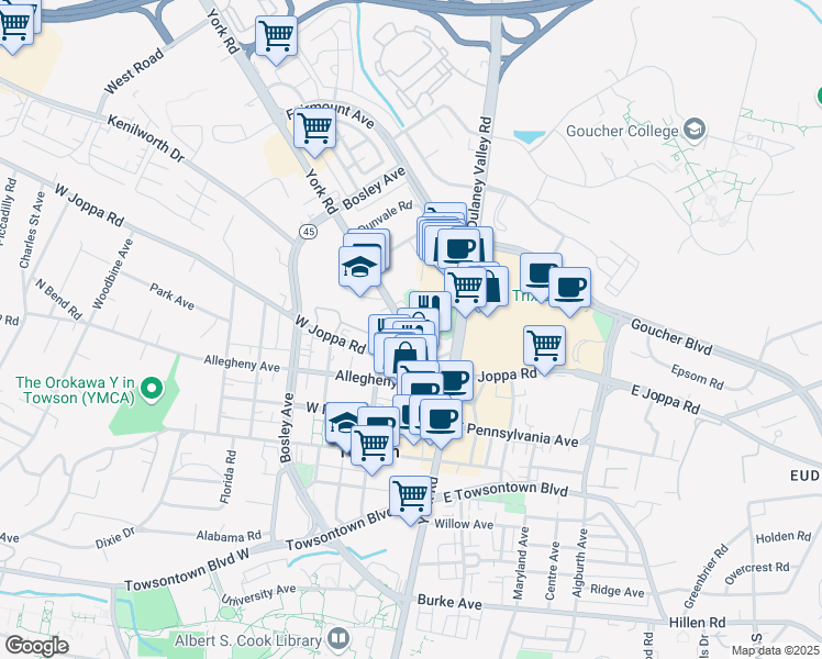 map of restaurants, bars, coffee shops, grocery stores, and more near 701 York Road in Towson