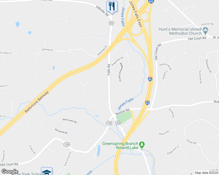 map of restaurants, bars, coffee shops, grocery stores, and more near 10113 Falls Road in Lutherville-Timonium