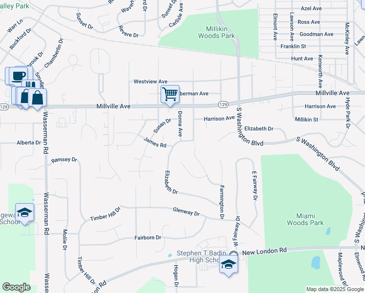 map of restaurants, bars, coffee shops, grocery stores, and more near 1025 Elizabeth Drive in Hamilton