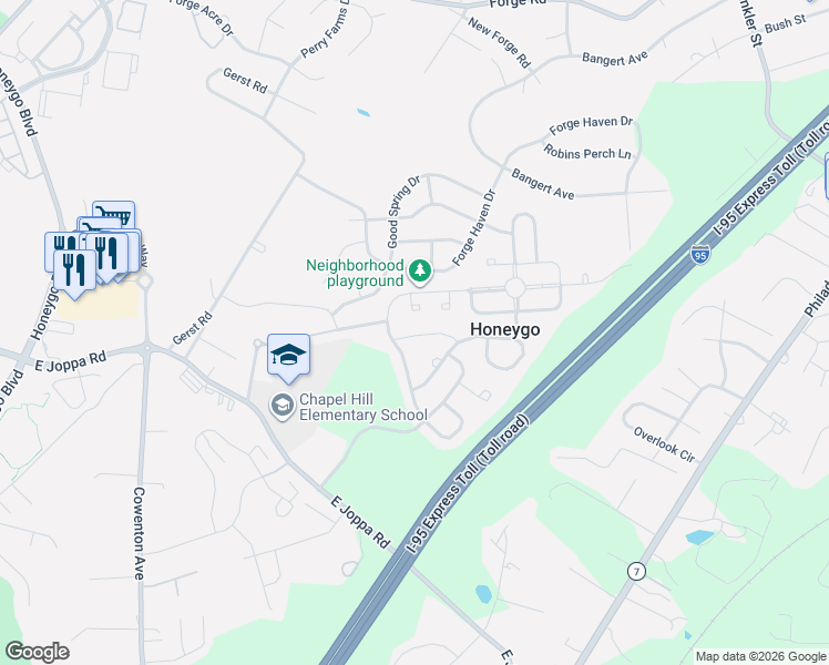 map of restaurants, bars, coffee shops, grocery stores, and more near 5004 Red Top Terrace in Perry Hall