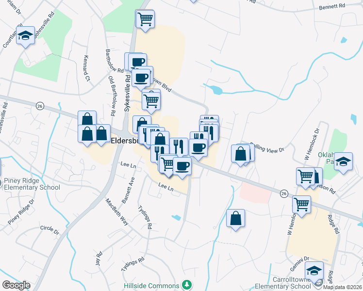 map of restaurants, bars, coffee shops, grocery stores, and more near 6220 Georgetown Boulevard in Sykesville