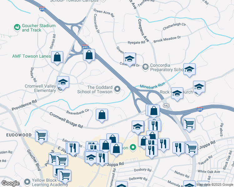 map of restaurants, bars, coffee shops, grocery stores, and more near 809 Gleneagles Court in Towson