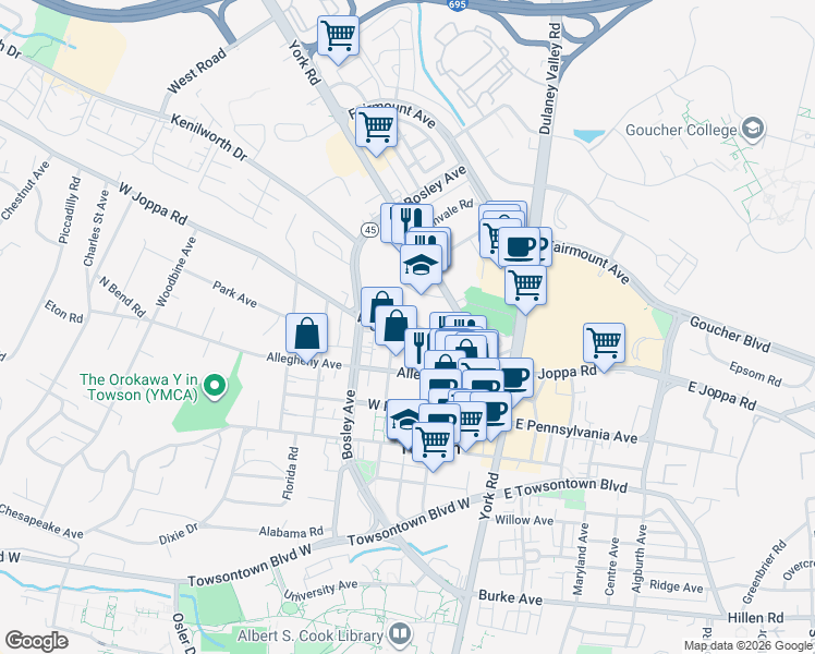 map of restaurants, bars, coffee shops, grocery stores, and more near 703 Baltimore Avenue in Towson