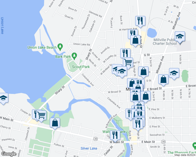 map of restaurants, bars, coffee shops, grocery stores, and more near 401 West McNeal Street in Millville