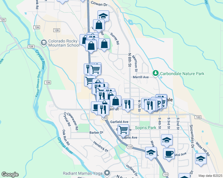 map of restaurants, bars, coffee shops, grocery stores, and more near 198 12th Street in Carbondale