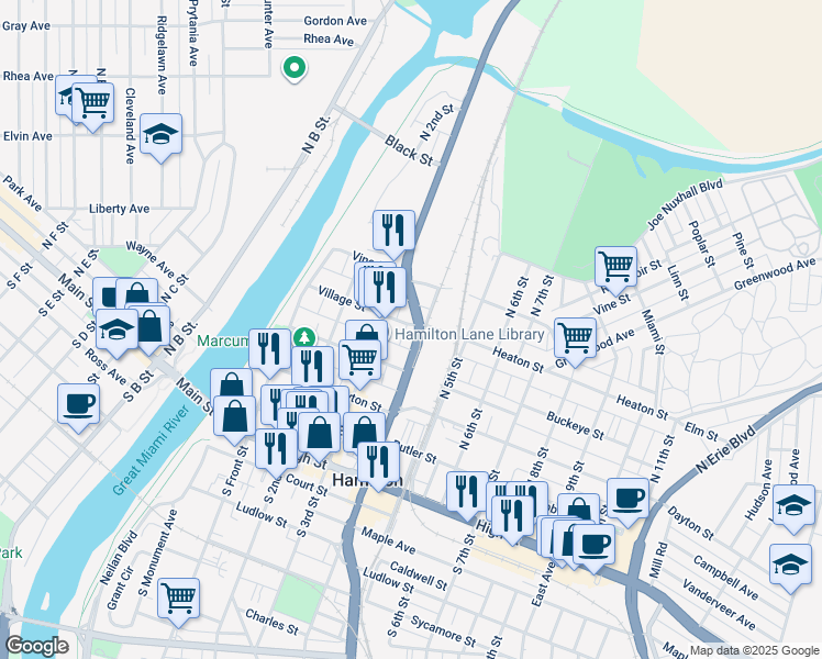 map of restaurants, bars, coffee shops, grocery stores, and more near 406 North 4th Street in Hamilton
