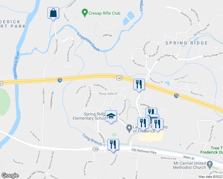 map of restaurants, bars, coffee shops, grocery stores, and more near 6122 Cool Spring Terrace North in Frederick