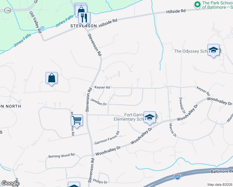 map of restaurants, bars, coffee shops, grocery stores, and more near 3412 Fielding Road in Pikesville