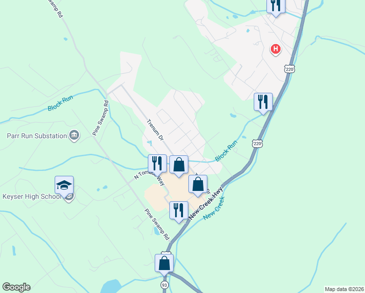 map of restaurants, bars, coffee shops, grocery stores, and more near 44 South Hummingbird Street in Keyser