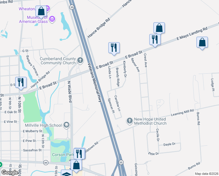 map of restaurants, bars, coffee shops, grocery stores, and more near 501 Linda Lane in Millville