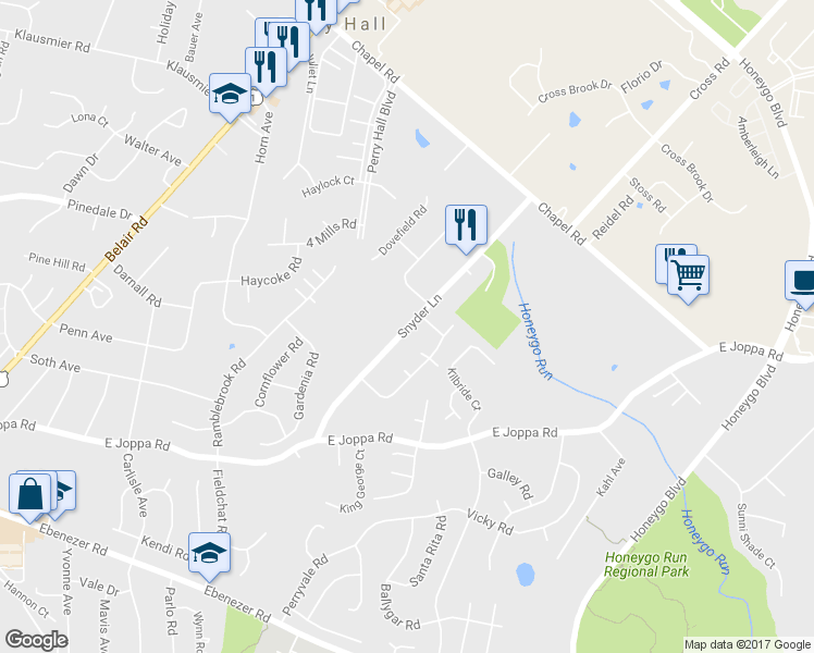 map of restaurants, bars, coffee shops, grocery stores, and more near 9218 Snyder Lane in Perry Hall