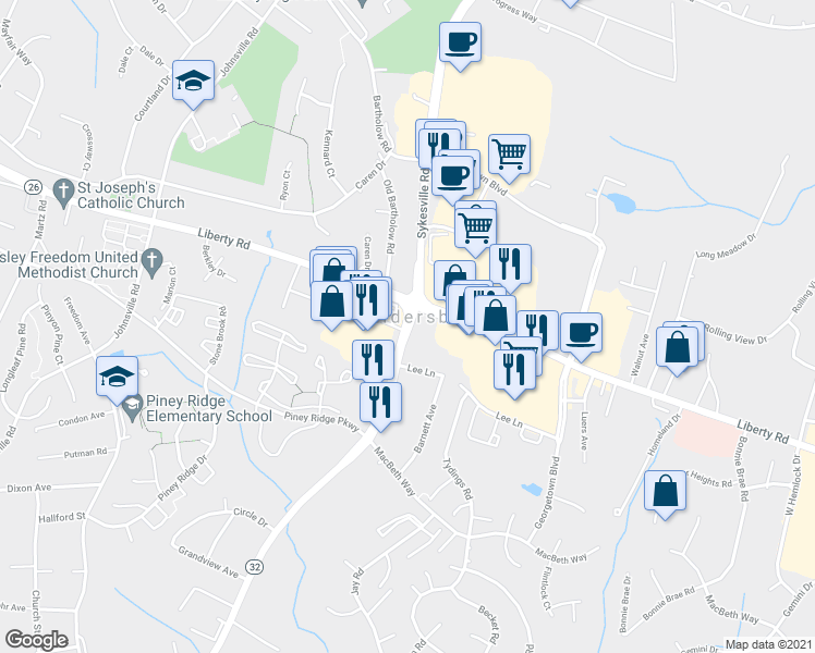 map of restaurants, bars, coffee shops, grocery stores, and more near in Eldersburg