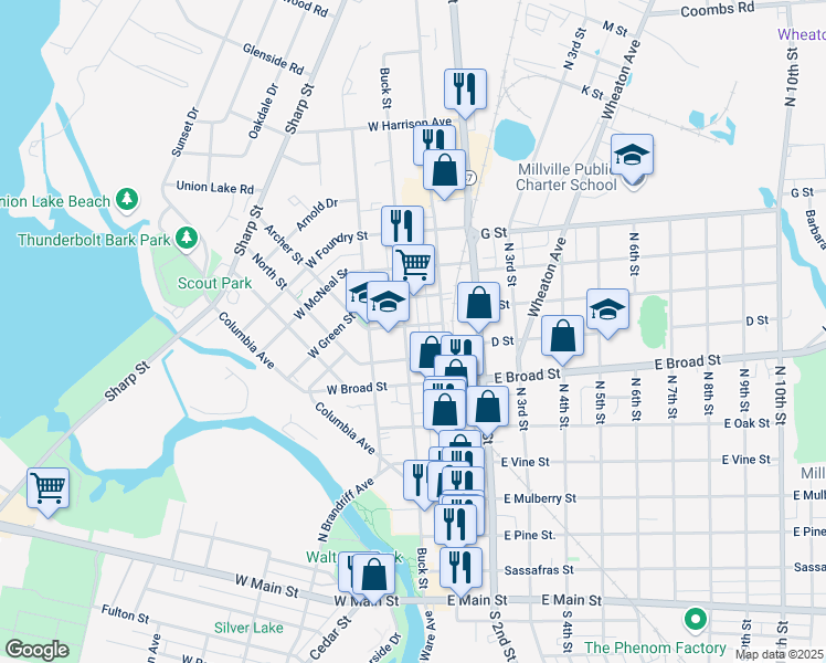 map of restaurants, bars, coffee shops, grocery stores, and more near 647 Buck Street in Millville