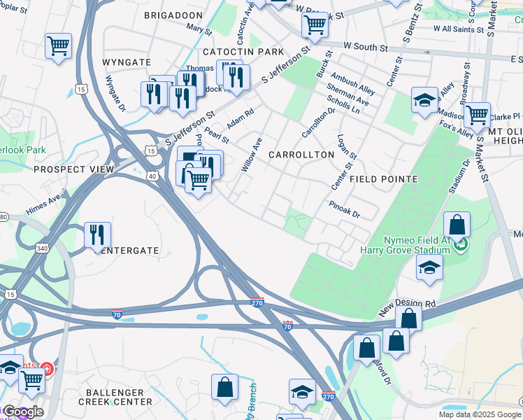 map of restaurants, bars, coffee shops, grocery stores, and more near 537 Carrollton Drive in Frederick