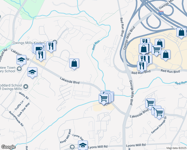 map of restaurants, bars, coffee shops, grocery stores, and more near 4406 Silverbrook Lane in Owings Mills