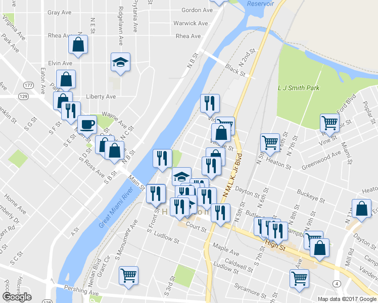 map of restaurants, bars, coffee shops, grocery stores, and more near 124 Buckeye Street in Hamilton