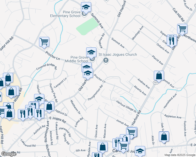 map of restaurants, bars, coffee shops, grocery stores, and more near 2709 Proctor Lane in Parkville