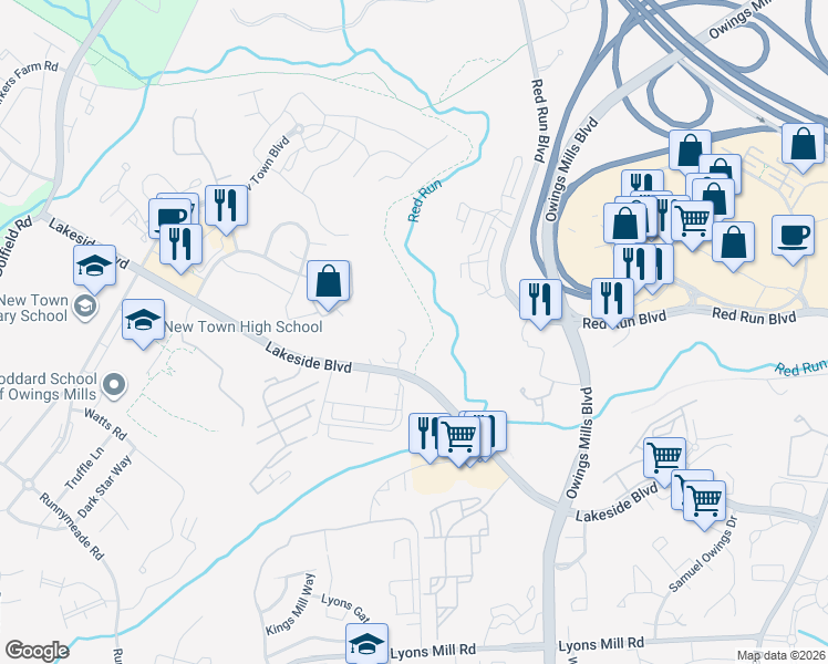 map of restaurants, bars, coffee shops, grocery stores, and more near 4406 Silverbrook Lane in Owings Mills