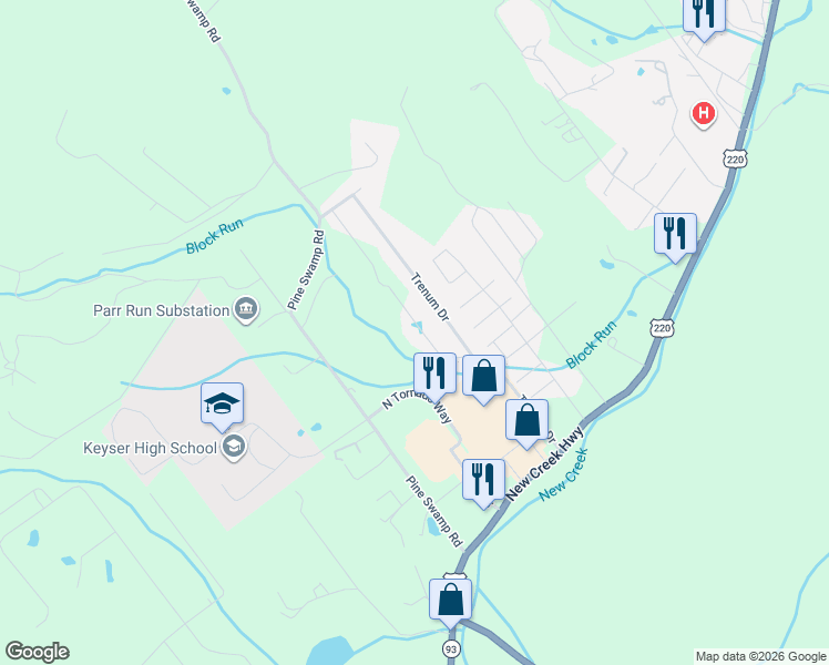 map of restaurants, bars, coffee shops, grocery stores, and more near 155 Workman Drive in Keyser