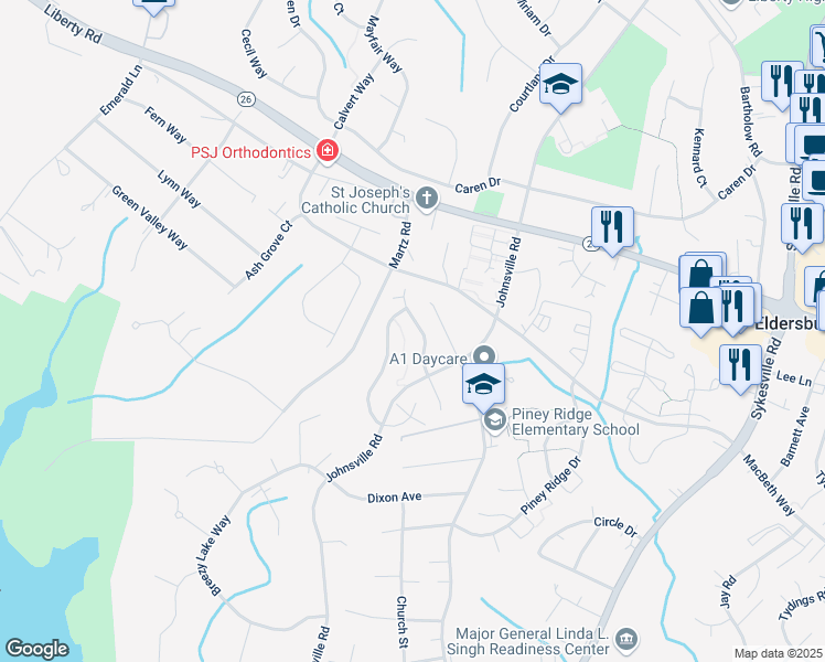 map of restaurants, bars, coffee shops, grocery stores, and more near 6240 Pinyon Pine Court in Sykesville