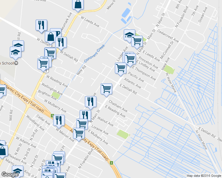 map of restaurants, bars, coffee shops, grocery stores, and more near 847 Shore Road in Pleasantville