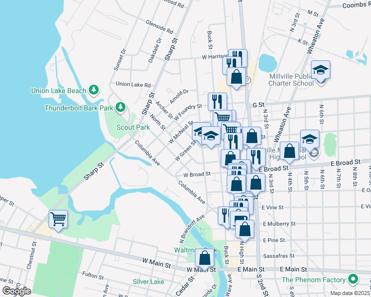 map of restaurants, bars, coffee shops, grocery stores, and more near 236 West Green Street in Millville
