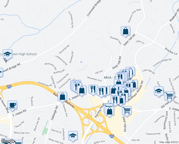 map of restaurants, bars, coffee shops, grocery stores, and more near 1933 Hill Avenue in Parkville