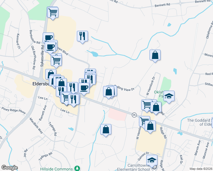 map of restaurants, bars, coffee shops, grocery stores, and more near 6212 Long Meadow Drive in Sykesville