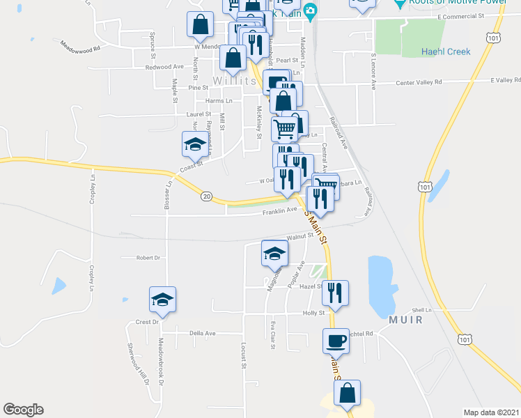map of restaurants, bars, coffee shops, grocery stores, and more near 68 Franklin Ave in Willits
