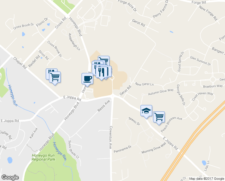 map of restaurants, bars, coffee shops, grocery stores, and more near 5051 Cameo Terrace in Perry Hall
