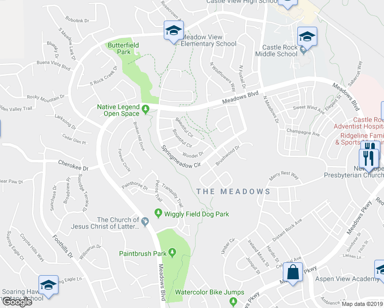map of restaurants, bars, coffee shops, grocery stores, and more near 3617 Wonder Drive in Castle Rock