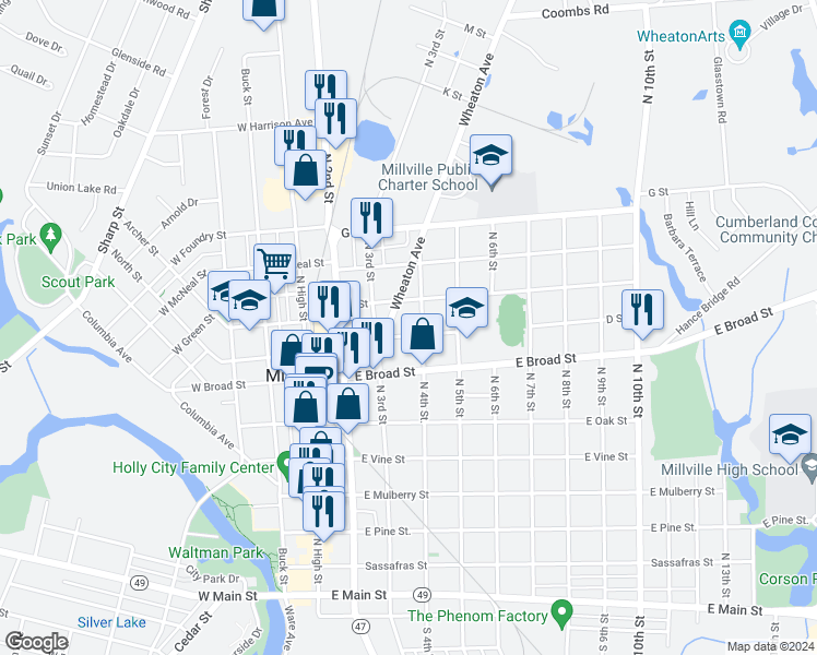 map of restaurants, bars, coffee shops, grocery stores, and more near 700 North 4th Street in Millville