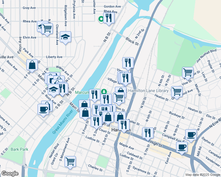 map of restaurants, bars, coffee shops, grocery stores, and more near 124 Buckeye Street in Hamilton
