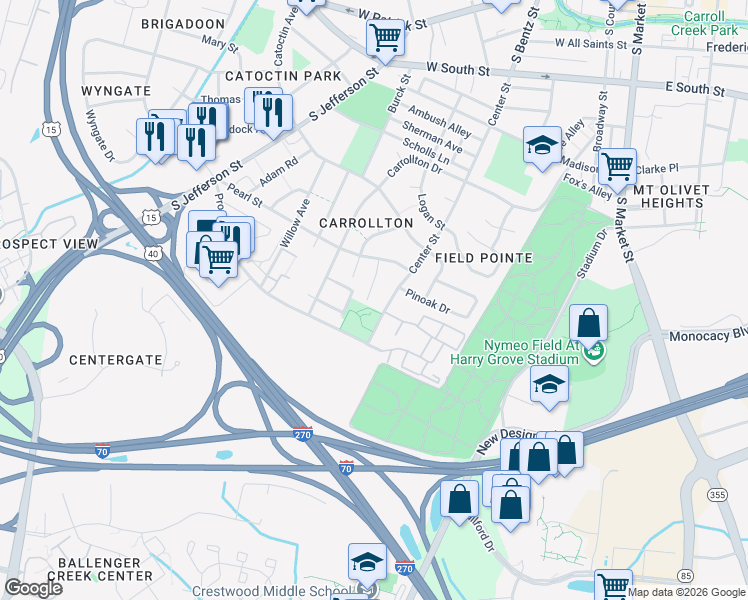 map of restaurants, bars, coffee shops, grocery stores, and more near 430 Banksia Drive in Frederick