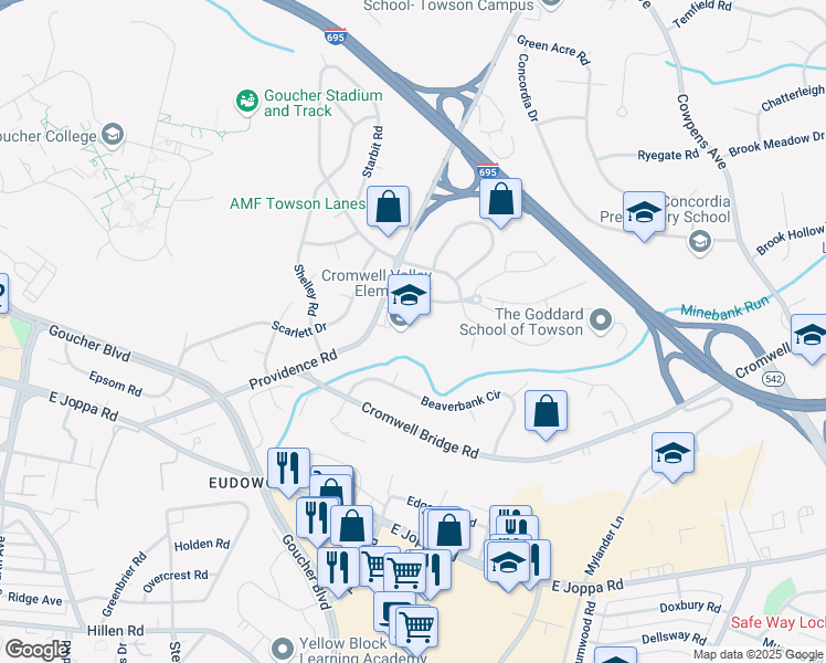 map of restaurants, bars, coffee shops, grocery stores, and more near 825 Providence Road in Towson