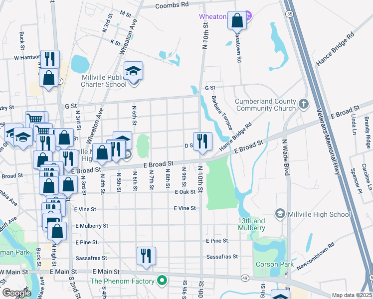 map of restaurants, bars, coffee shops, grocery stores, and more near 607 North 9th Street in Millville