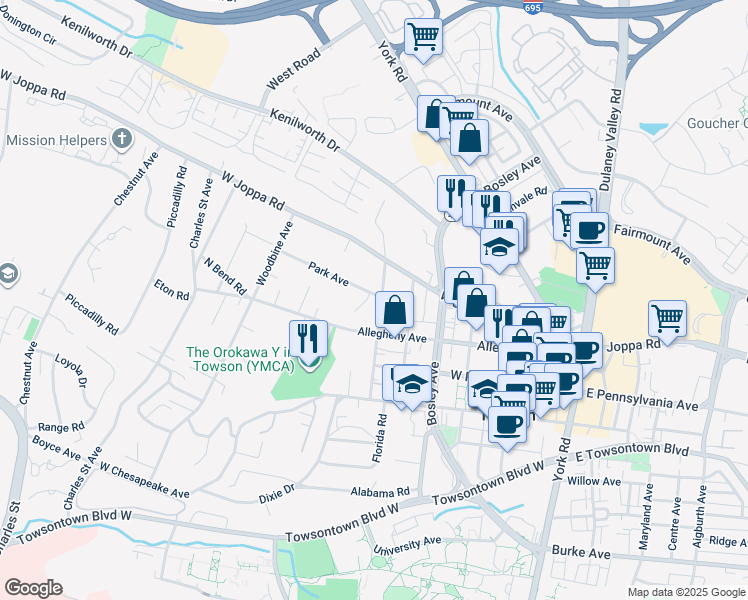 map of restaurants, bars, coffee shops, grocery stores, and more near 500 Park Avenue in Towson