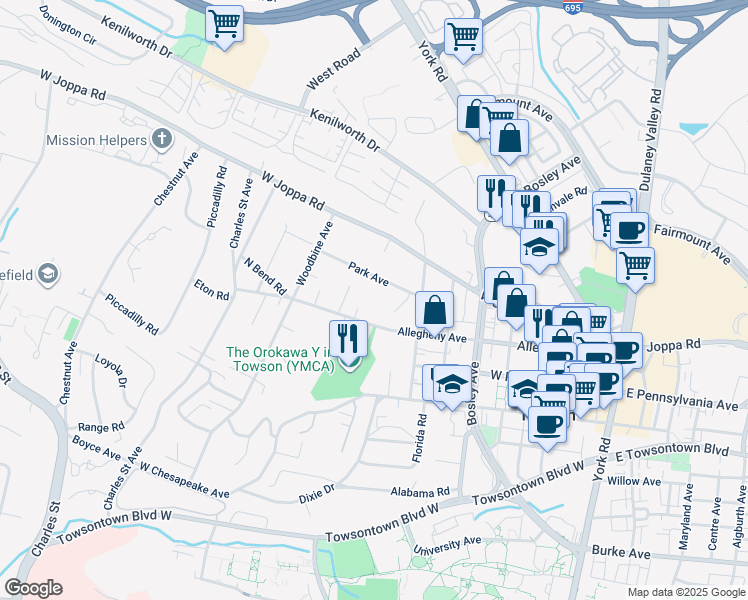 map of restaurants, bars, coffee shops, grocery stores, and more near 522 Allegheny Avenue in Towson