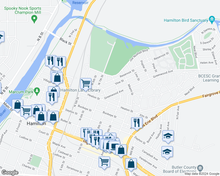 map of restaurants, bars, coffee shops, grocery stores, and more near 833 Vine Street in Hamilton