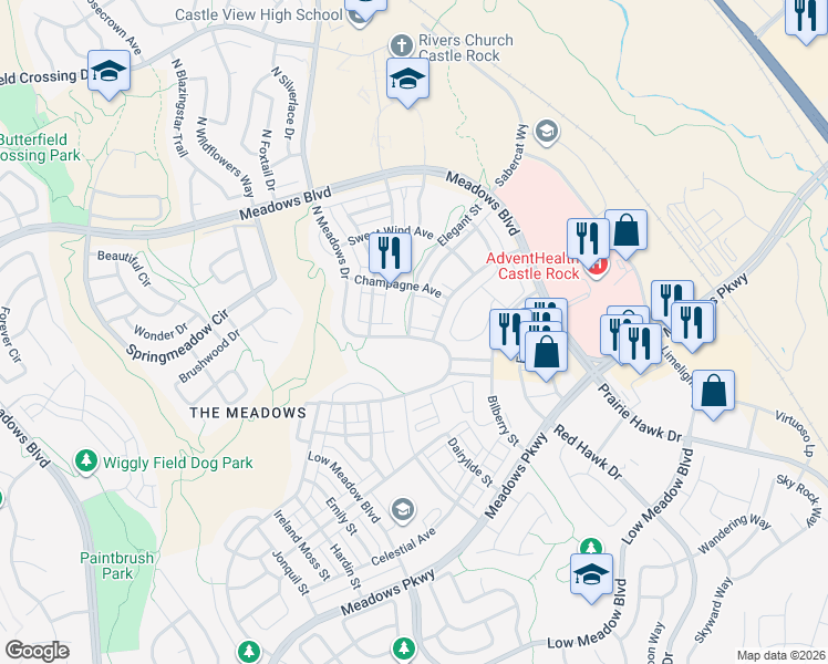 map of restaurants, bars, coffee shops, grocery stores, and more near 4270 North Meadows Drive in Castle Rock