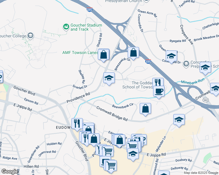 map of restaurants, bars, coffee shops, grocery stores, and more near 825 Providence Road in Towson