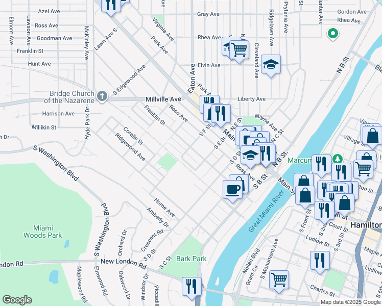 map of restaurants, bars, coffee shops, grocery stores, and more near 428 Franklin Street in Hamilton
