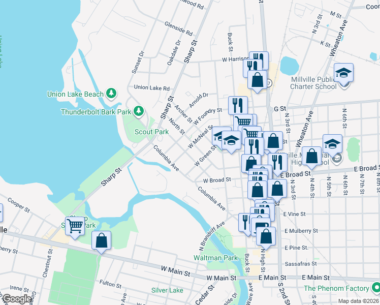 map of restaurants, bars, coffee shops, grocery stores, and more near 401 West McNeal Street in Millville