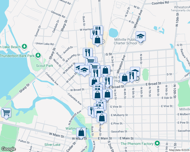 map of restaurants, bars, coffee shops, grocery stores, and more near 640 North High Street in Millville