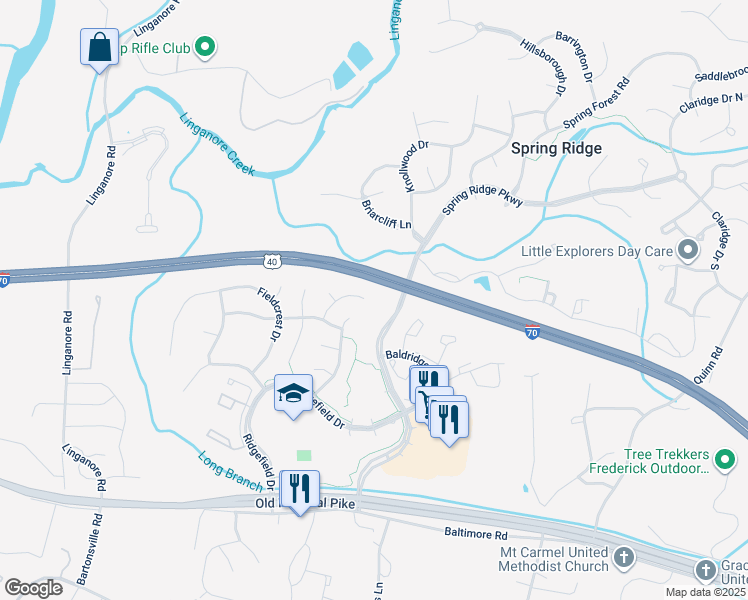 map of restaurants, bars, coffee shops, grocery stores, and more near 6135 Cornwall Terrace in Frederick